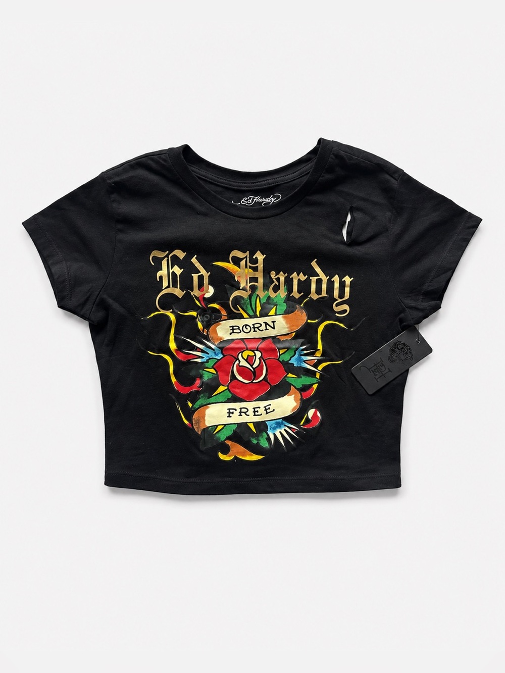 Ed Hardy Y2K Tattoo Graphic Baby Tee Born Free Black Crop Top Size M